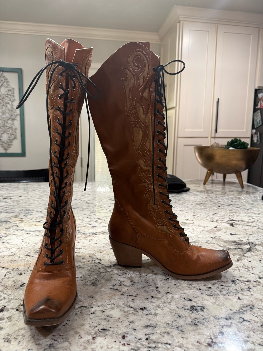 Lace-Up Knee-High Leather Boots in Brown